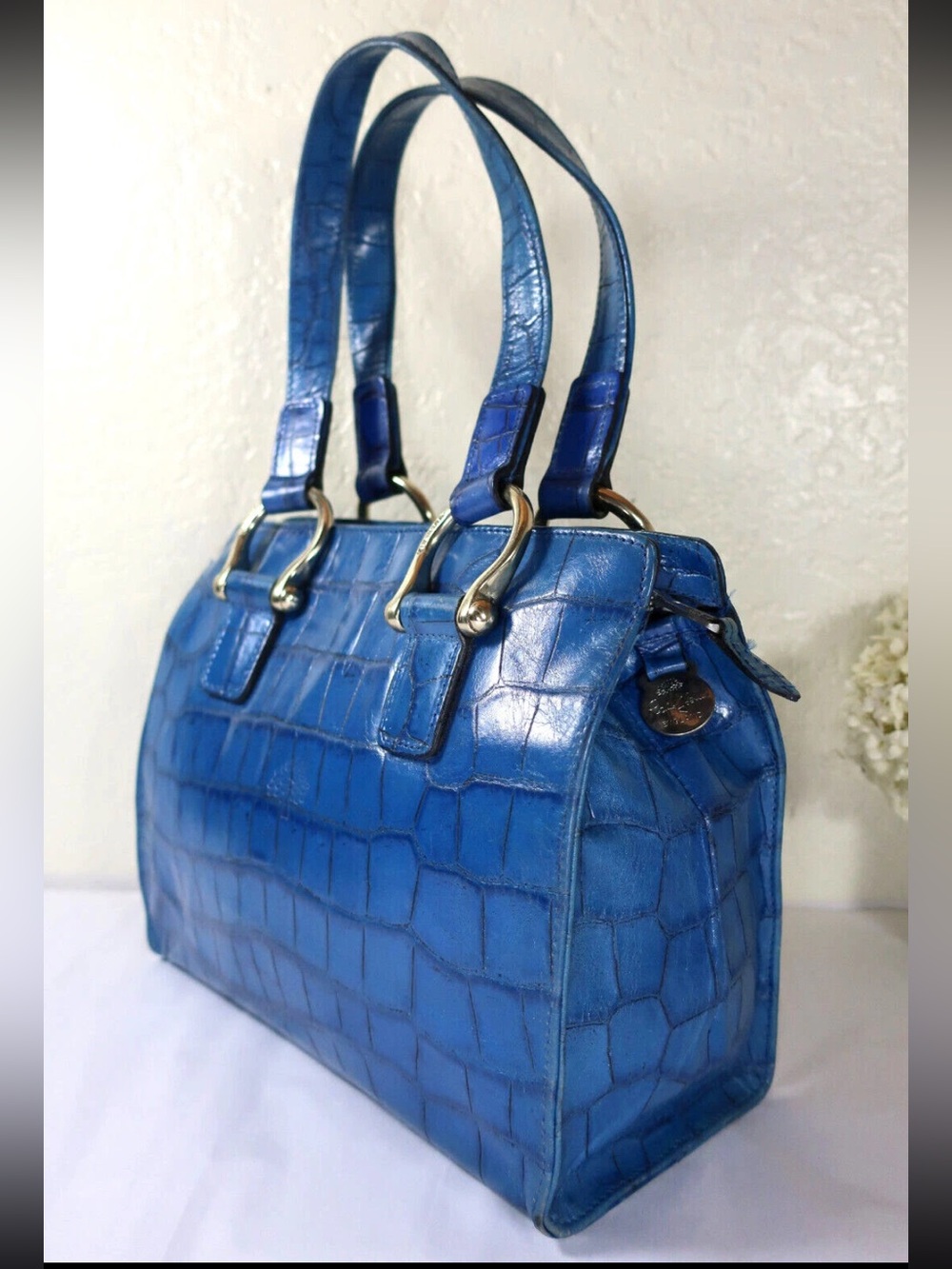 Mulberry Blue Croc-Embossed Leather Shoulder Bag